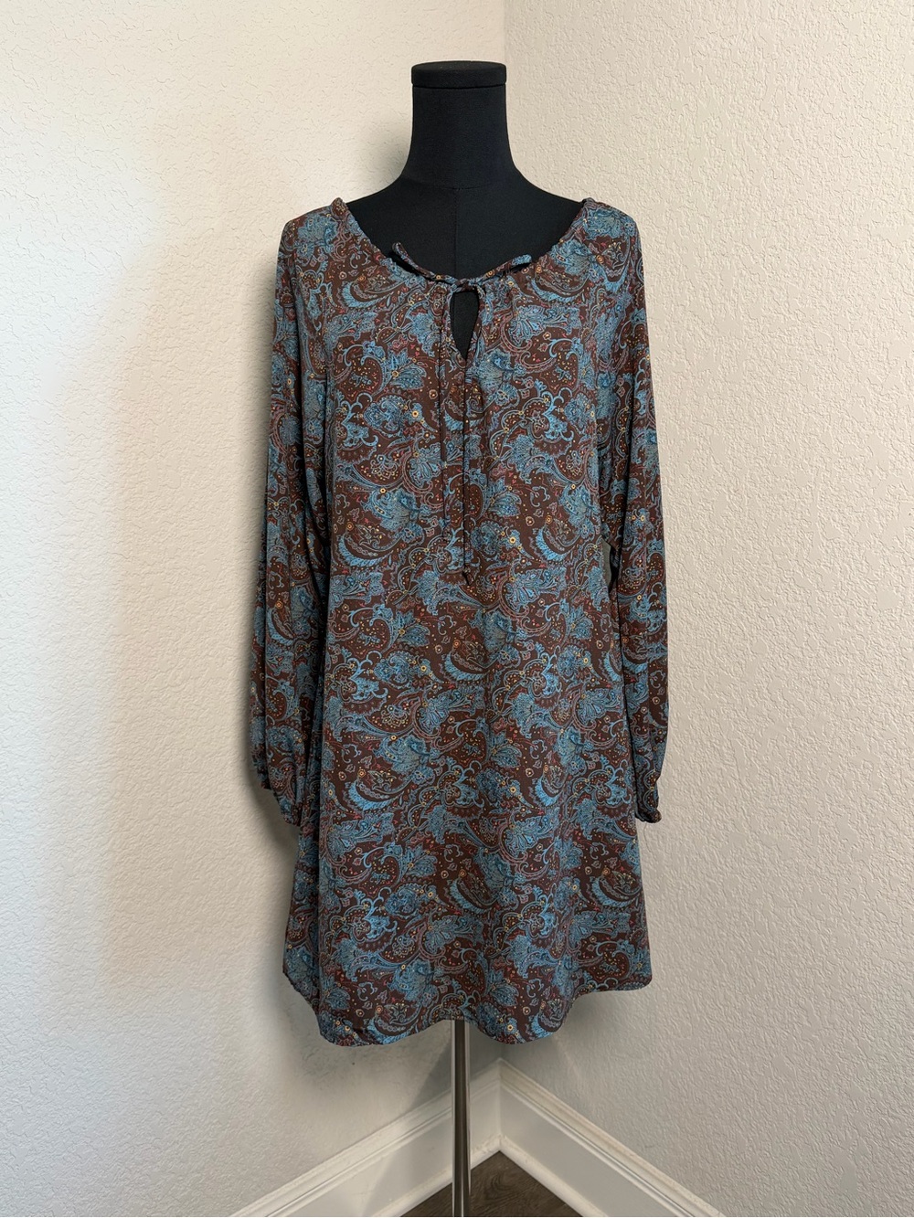 Altar'd State Blue and Brown Paisley Long-Sleeve Tunic Dress